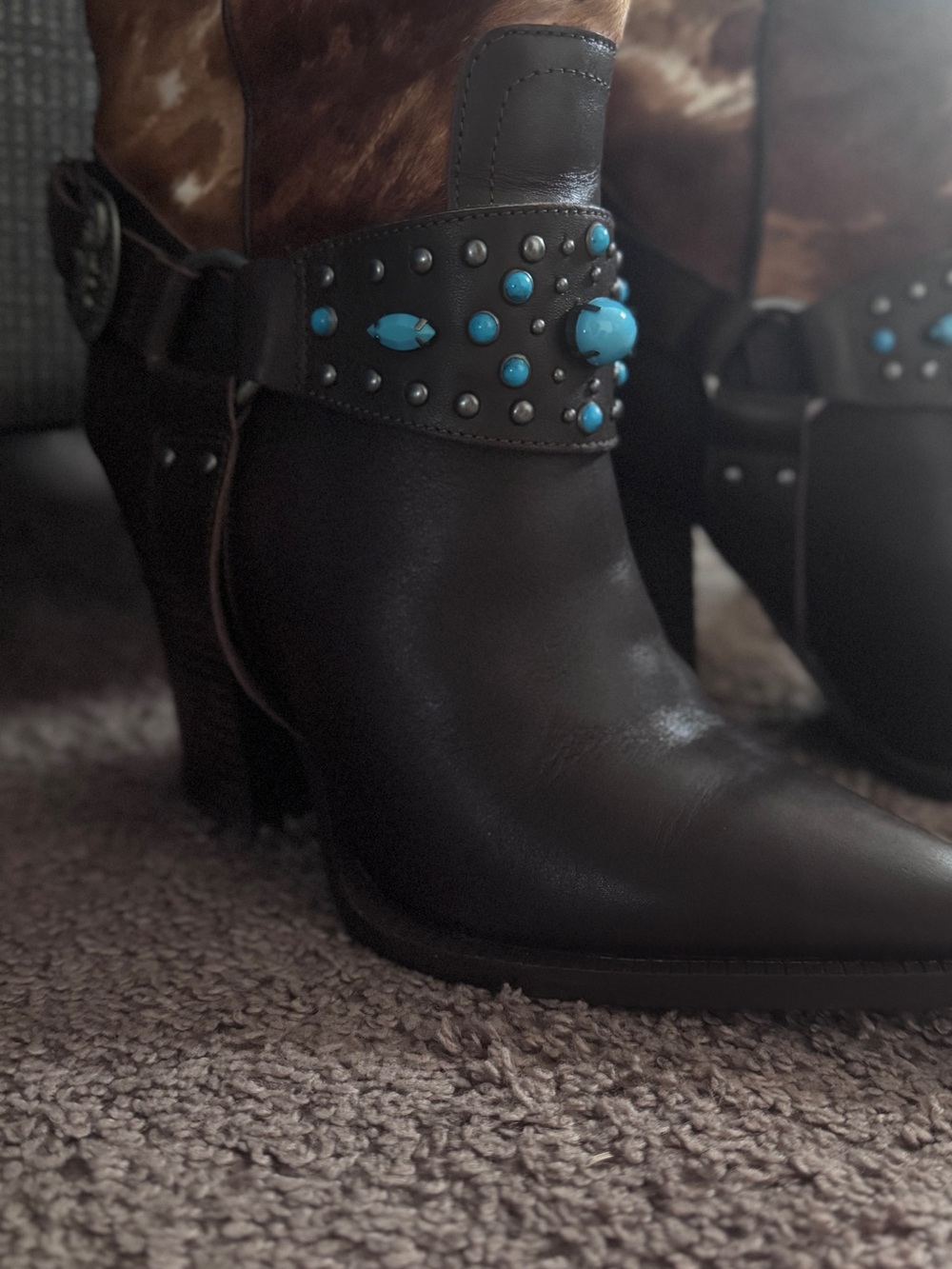 Western-Style Brown and White Hair-On Leather Boots with Turquoise Studs - Picture 2 of 4